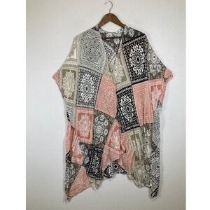 Ethereal Boho Chic Comfyluxe Women OS Pink Black Patchwork Paisley Kimono‎ Wrap